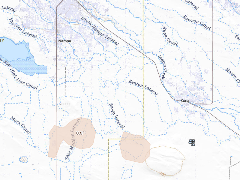 Radar-estimated hail-size map of the storm over Kuna, ID on Jun 26, 2026