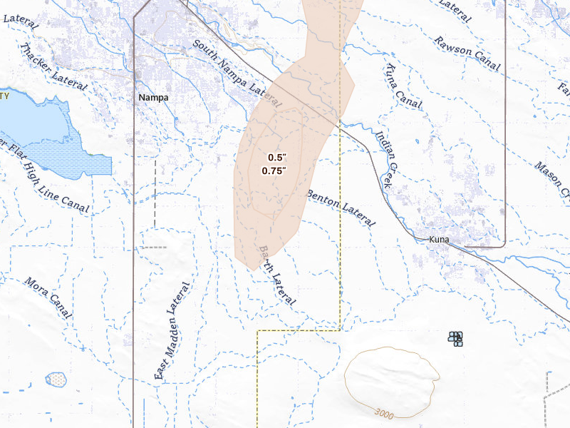 Radar-estimated hail-size map of the storm over Kuna, ID on Jul 16, 2026