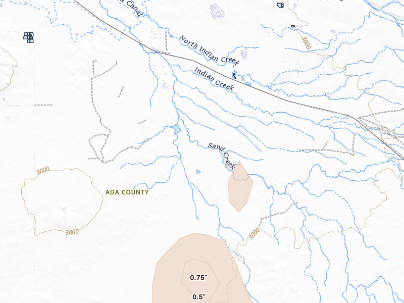Radar-estimated hail-size map of the storm over Kuna, ID on Jul 23, 2026