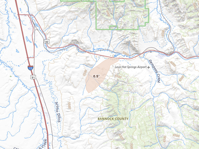 Radar-estimated hail-size map of the storm over Lava Hot Springs, ID on Aug 20, 2026