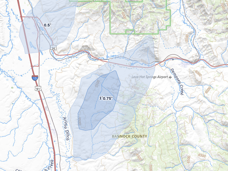 NEXRAD radar-signature map of the hail storm over Lava Hot Springs, ID on Aug 20, 2026