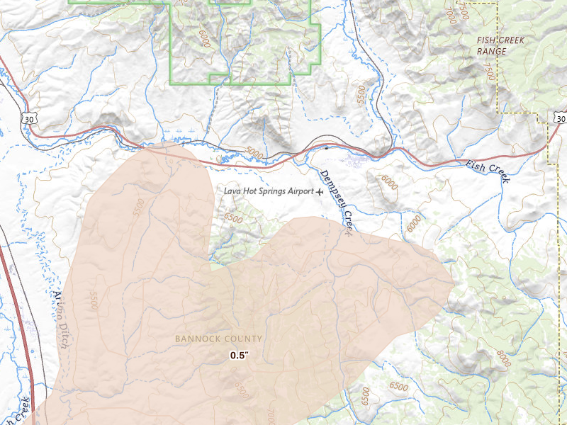 Radar-estimated hail-size map of the storm over Lava Hot Springs, ID on Aug 24, 2026