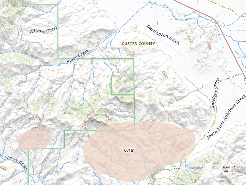 Radar-estimated hail-size map of the storm over Mackay, ID on Aug 14, 2026