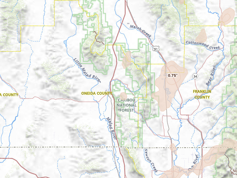 Radar-estimated hail-size map of the storm over Malad City, ID on Jun 27, 2026