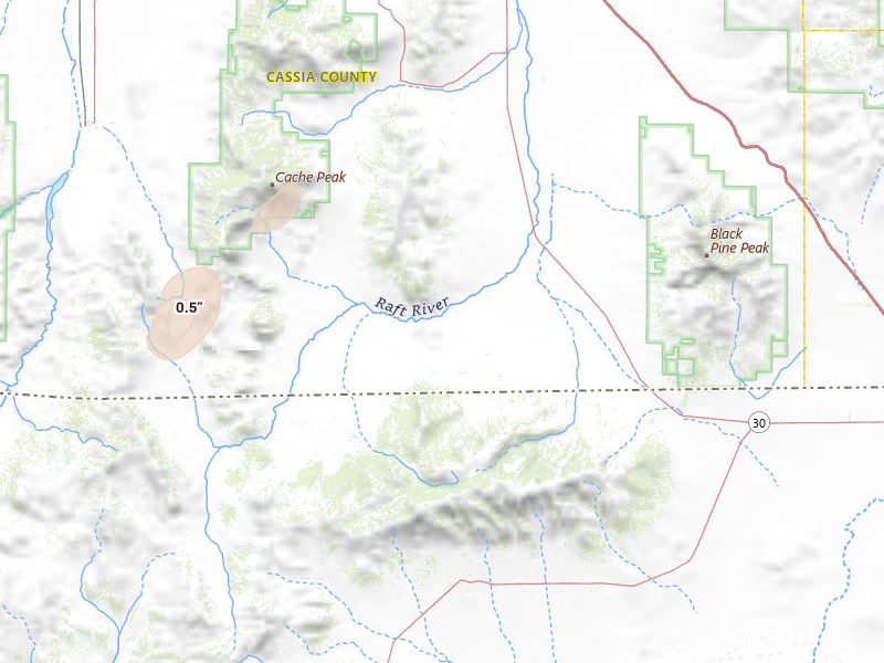 Radar-estimated hail-size map of the storm over Malta, ID on Jul 29, 2026