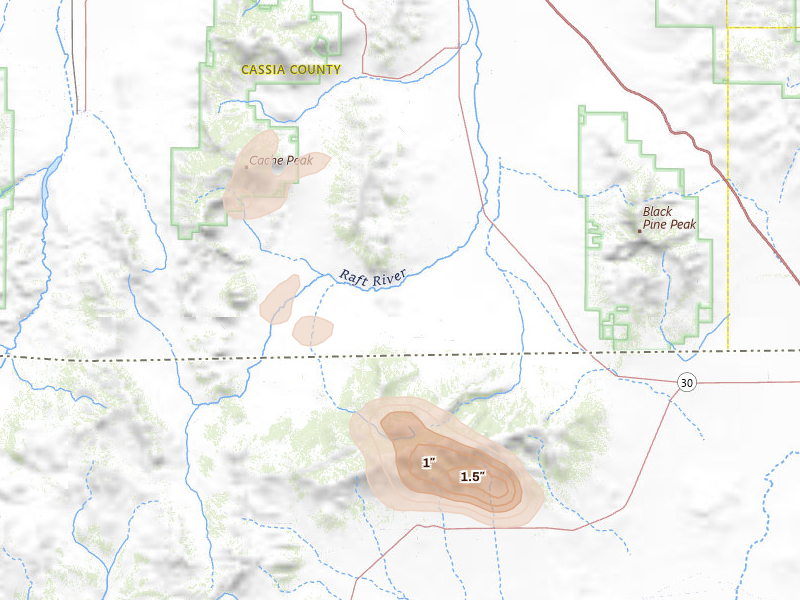 Radar-estimated hail-size map of the storm over Malta, ID on Jul 30, 2026