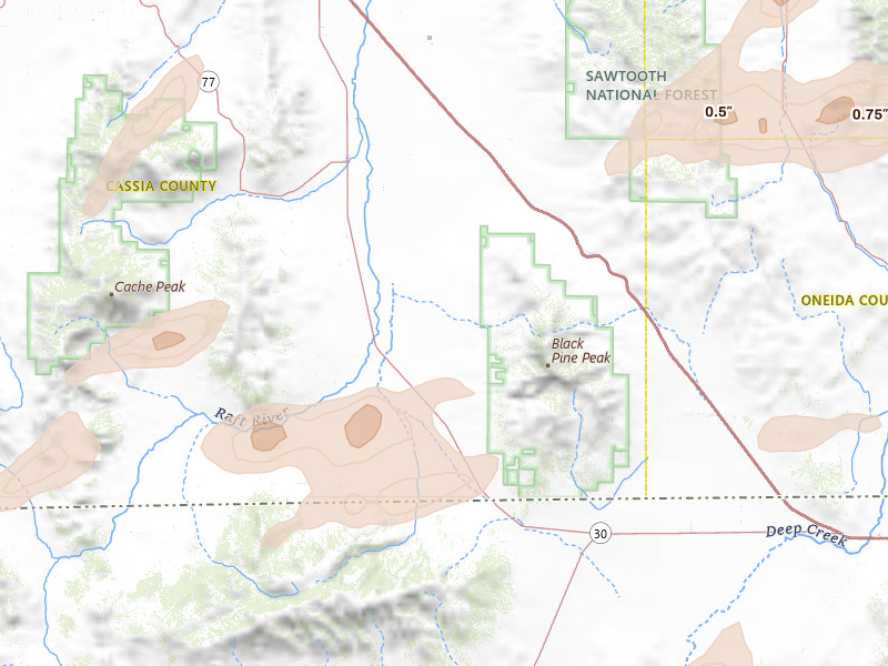 Radar-estimated hail-size map of the storm over Malta, ID on Aug 23, 2026