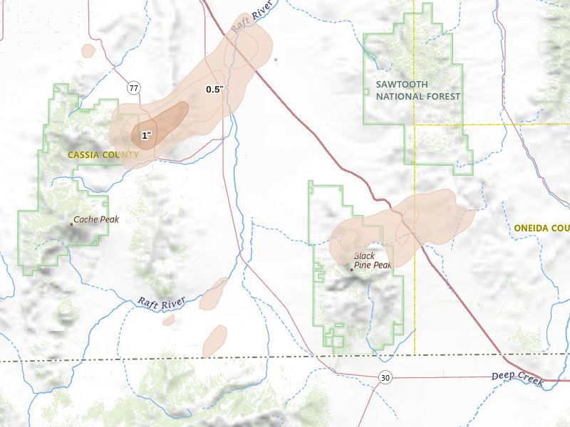 Radar-estimated hail-size map of the storm over Malta, ID on Aug 24, 2026