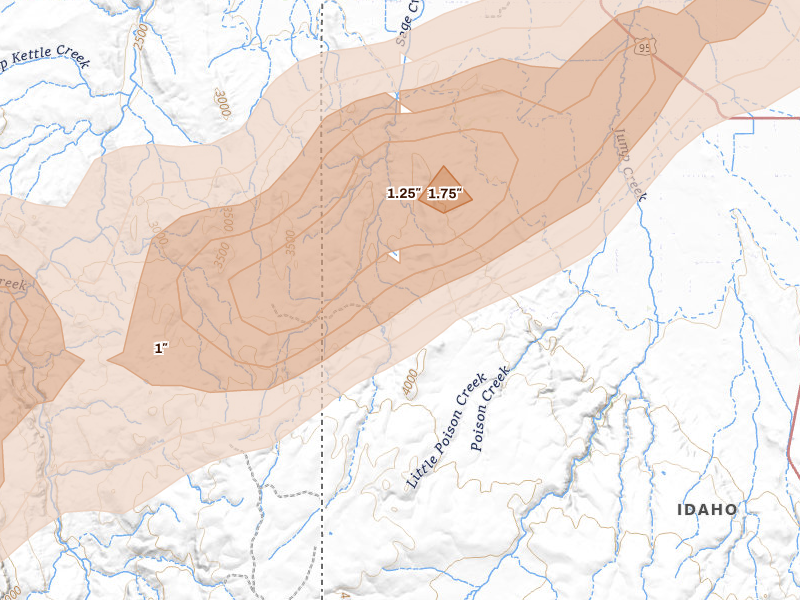Radar-estimated hail-size map of the storm over Marsing, ID on Jul 23, 2026