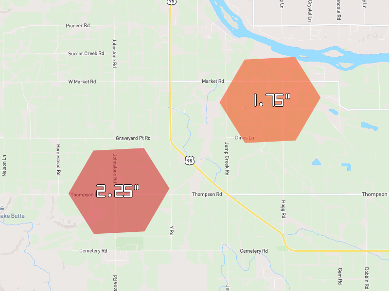 Hail map of Marsing, ID on Jul 23, 2026, hail up to 2.25"