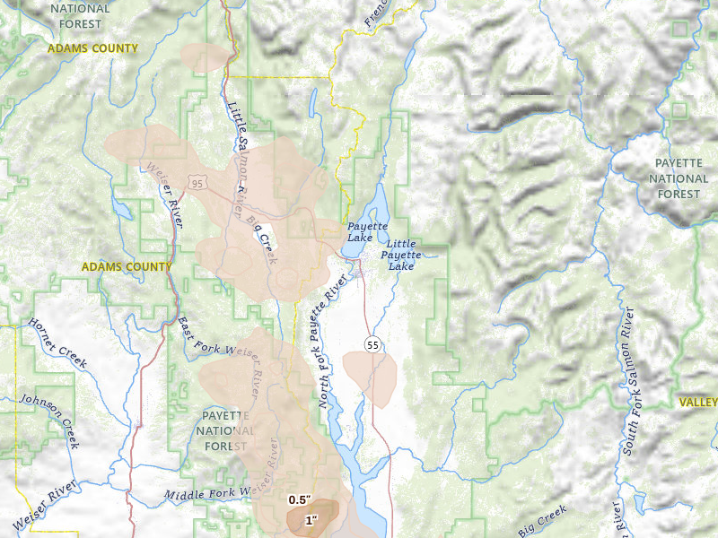 Radar-estimated hail-size map of the storm over McCall, ID on May 27, 2026