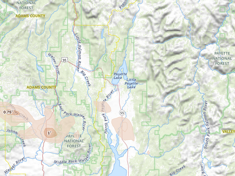Radar-estimated hail-size map of the storm over McCall, ID on May 28, 2026