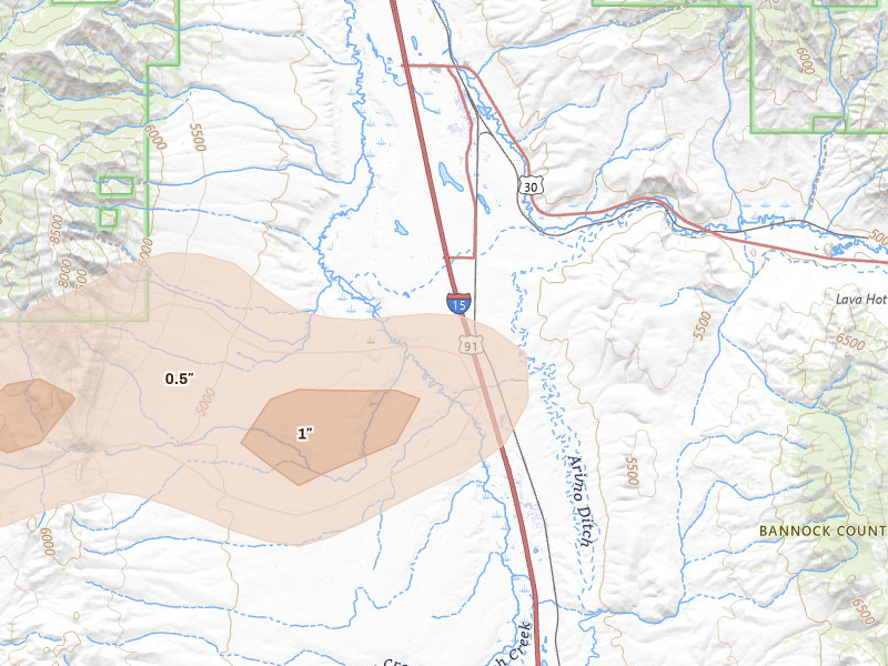 Radar-estimated hail-size map of the storm over McCammon, ID on Jul 21, 2026