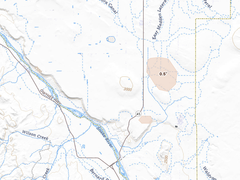 Radar-estimated hail-size map of the storm over Melba, ID on Jul 17, 2026