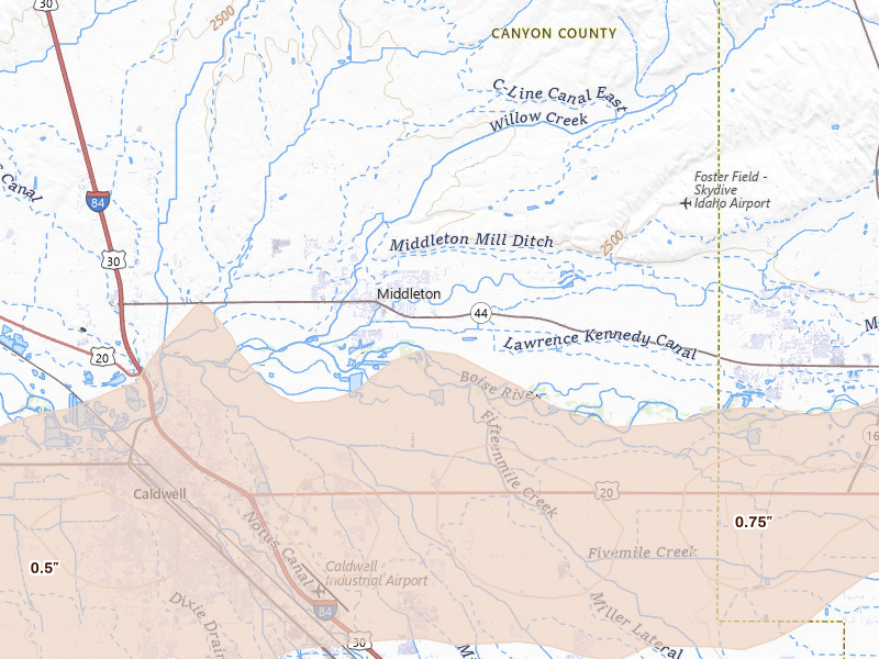 Radar-estimated hail-size map of the storm over Middleton, ID on Jun 26, 2026