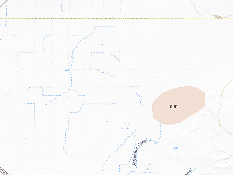 Radar-estimated hail-size map of the storm over Monteview, ID on Jul 30, 2026