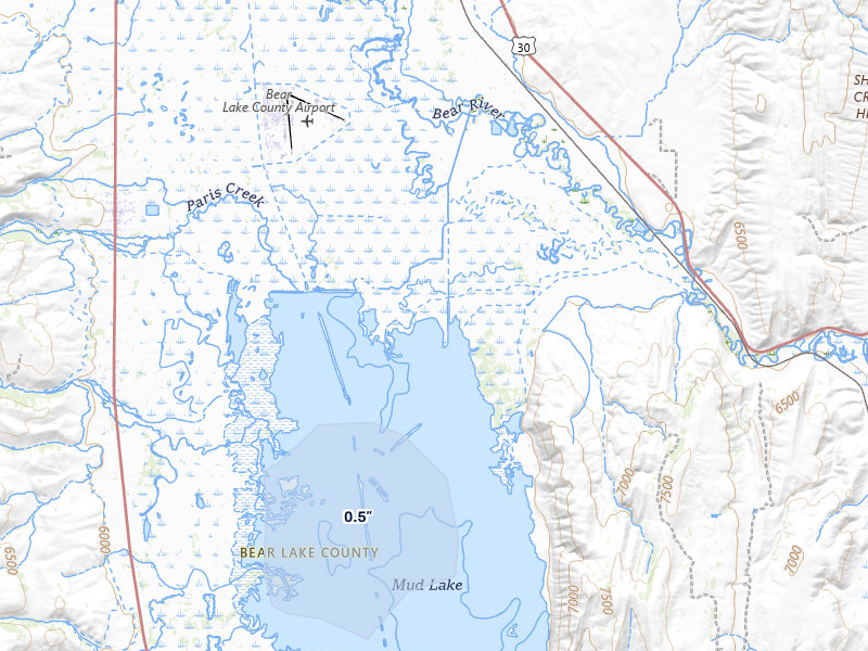 NEXRAD radar-signature map of the hail over Montpelier, ID