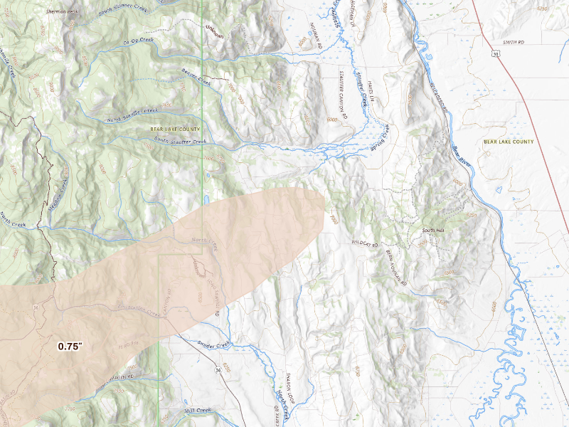 Radar-estimated hail-size map of the storm over Montpelier, ID on Jun 24, 2026