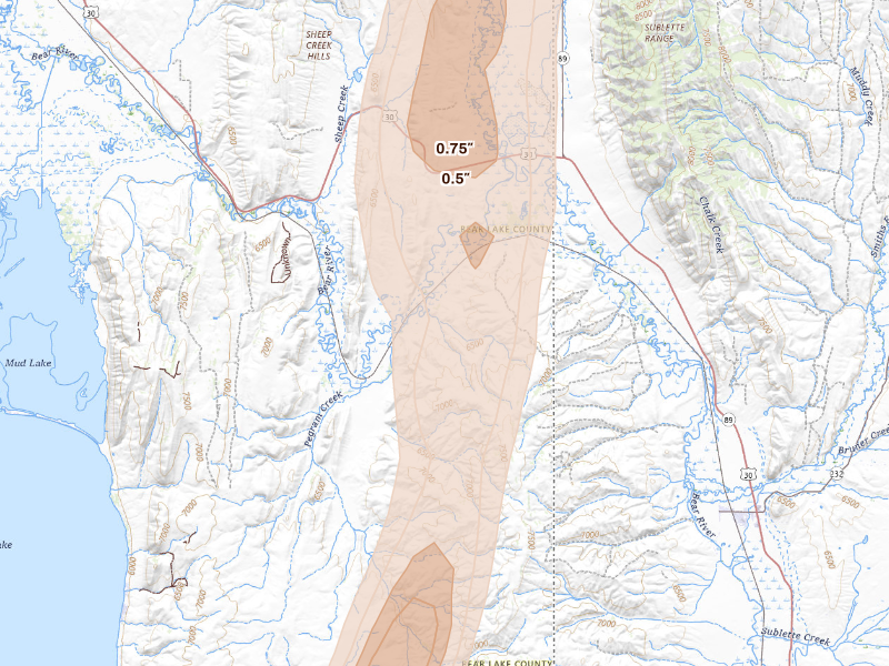Radar-estimated hail-size map of the storm over Montpelier, ID