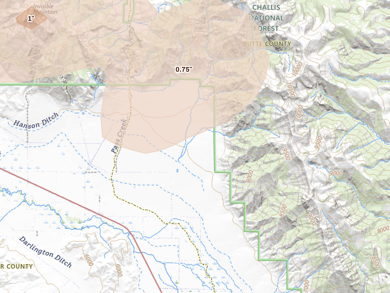 Radar-estimated hail-size map of the storm over Moore, ID on Jul 30, 2026