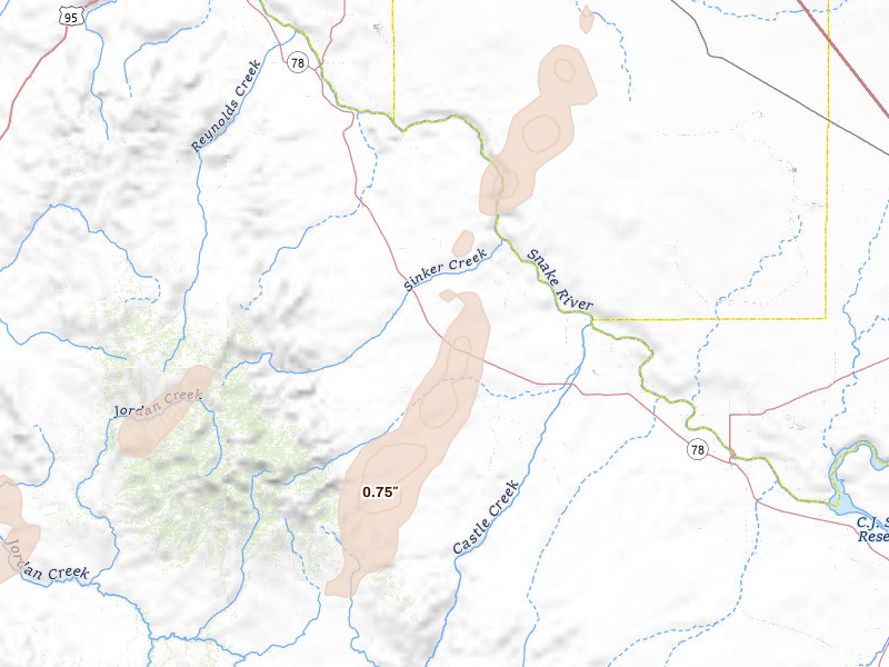 Radar-estimated hail-size map of the storm over Murphy, ID on Jul 23, 2026