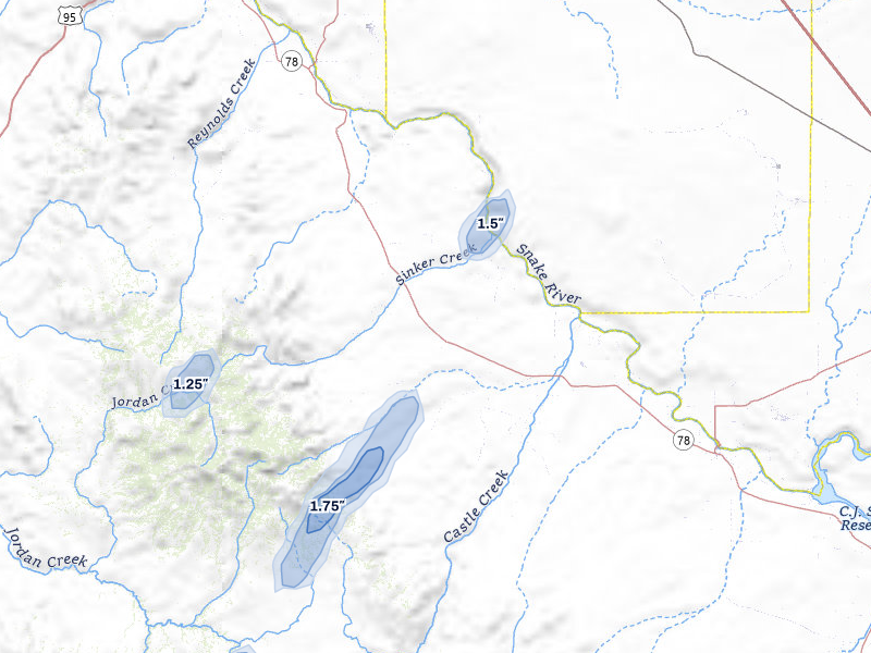 NEXRAD radar-signature map of the hail storm over Murphy, ID on Jul 23, 2026