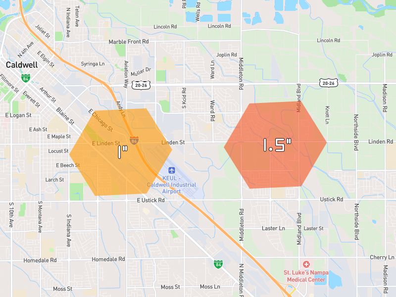 Hail map of Nampa, ID on Jun 27, 2026, hail up to 1.5"