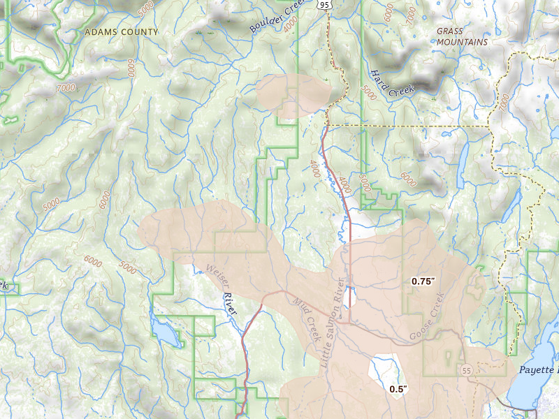 Radar-estimated hail-size map of the storm over New Meadows, ID on May 27, 2026