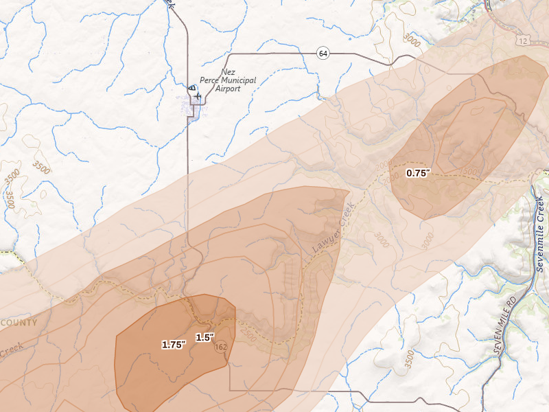Radar-estimated hail-size map of the storm over Nezperce, ID on Jul 16, 2026