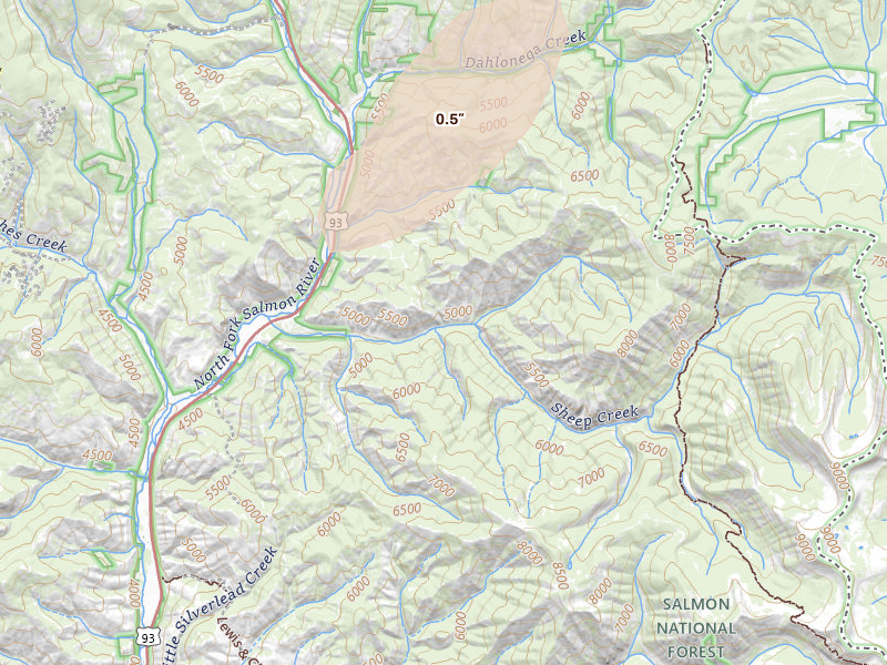 Radar-estimated hail-size map of the storm over North Fork, ID on Jun 24, 2026