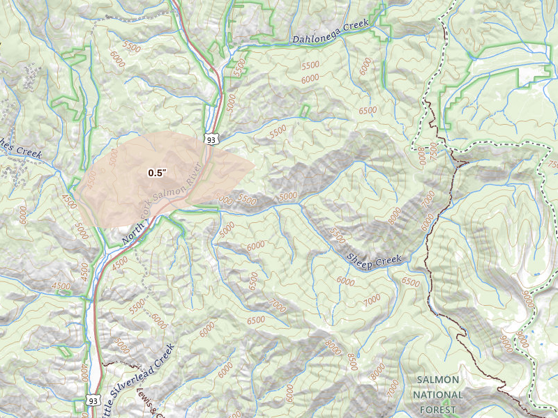 Radar-estimated hail-size map of the storm over North Fork, ID on Jul 8, 2026