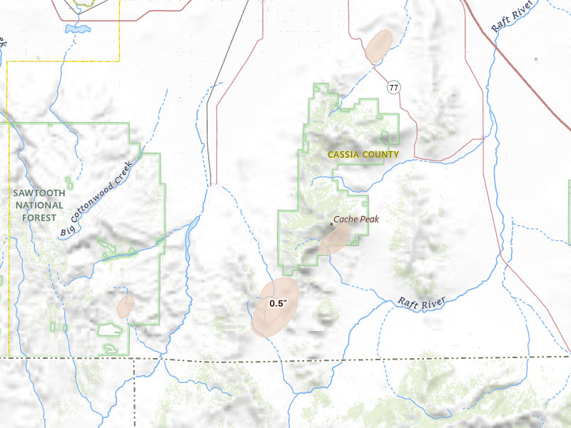 Radar-estimated hail-size map of the storm over Oakley, ID on Jul 29, 2026