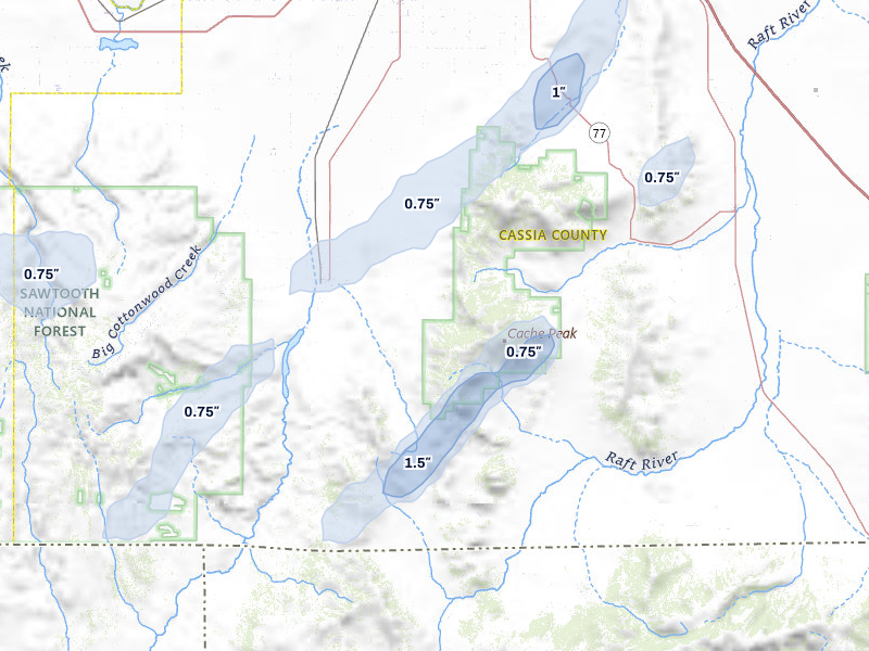 NEXRAD radar-signature map of the hail over Oakley, ID