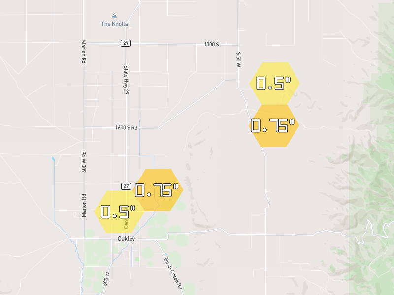 Hail map of Oakley, ID on Jul 29, 2026, hail up to 0.75"