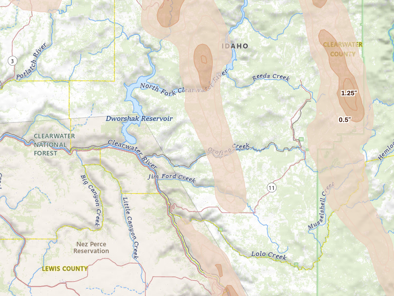 Radar-estimated hail-size map of the storm over Orofino, ID on May 28, 2026