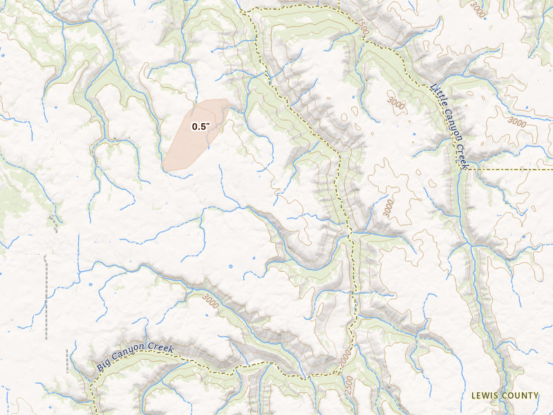 Radar-estimated hail-size map of the storm over Peck, ID on Aug 16, 2026