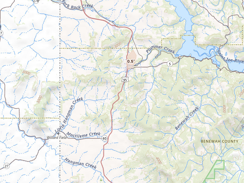 Radar-estimated hail-size map of the storm over Plummer, ID on Jul 16, 2026