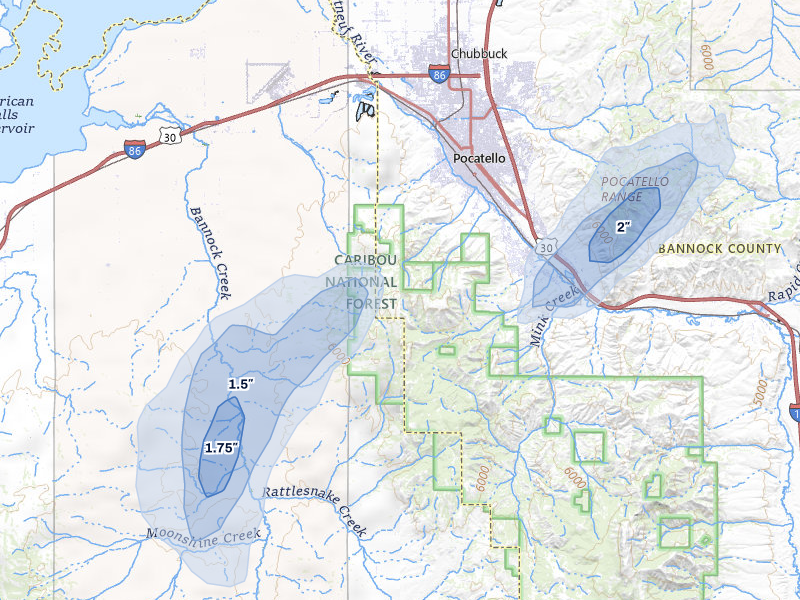 NEXRAD radar-signature map of the hail storm over Pocatello, ID on Jul 29, 2026