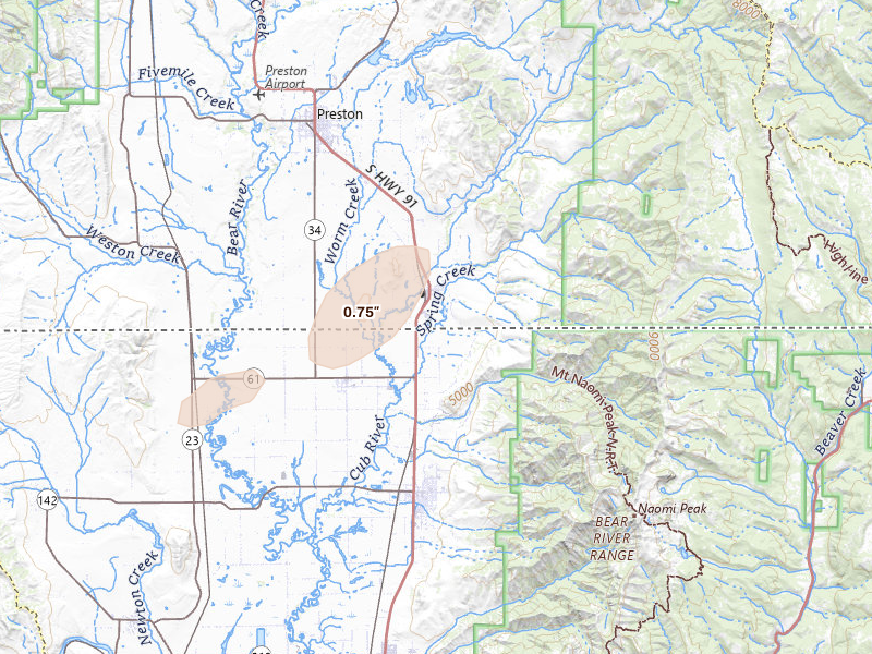 Radar-estimated hail-size map of the storm over Preston, ID on Jun 20, 2026
