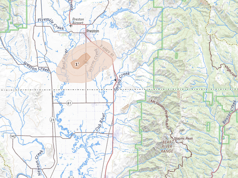 Radar-estimated hail-size map of the storm over Preston, ID on Jun 25, 2026