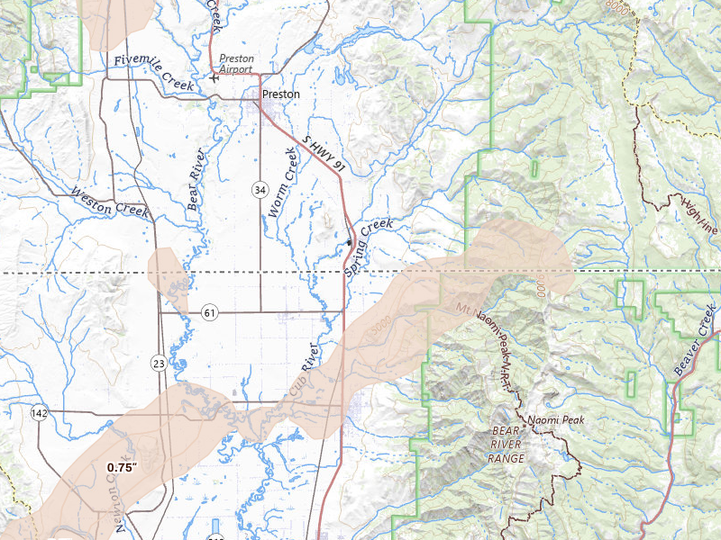 Radar-estimated hail-size map of the storm over Preston, ID on Jun 27, 2026