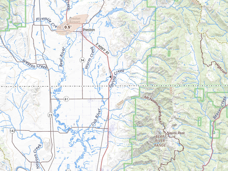 Radar-estimated hail-size map of the storm over Preston, ID on Jul 7, 2026
