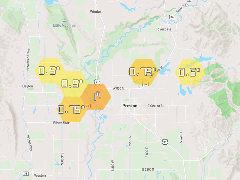 Hail map of Preston, ID on Jul 7, 2026, hail up to 1"