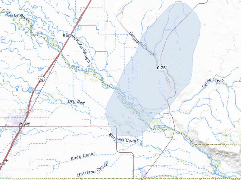 NEXRAD radar-signature map of the hail over Rexburg, ID