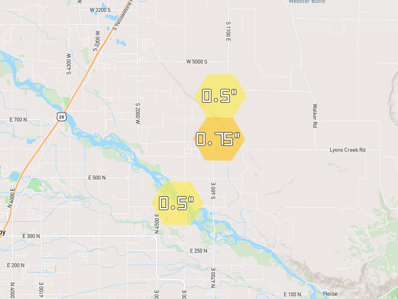 Hail map of Rexburg, ID on Jul 1, 2026, hail up to 0.75"