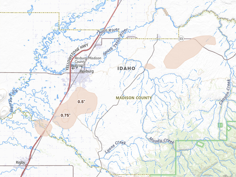 Radar-estimated hail-size map of the storm over Rexburg, ID on Aug 27, 2026