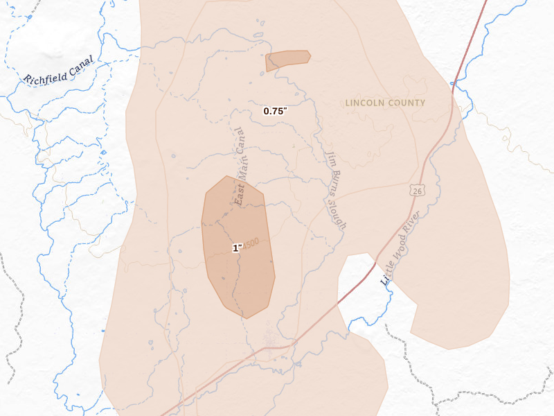 Radar-estimated hail-size map of the storm over Richfield, ID on Sep 1, 2026