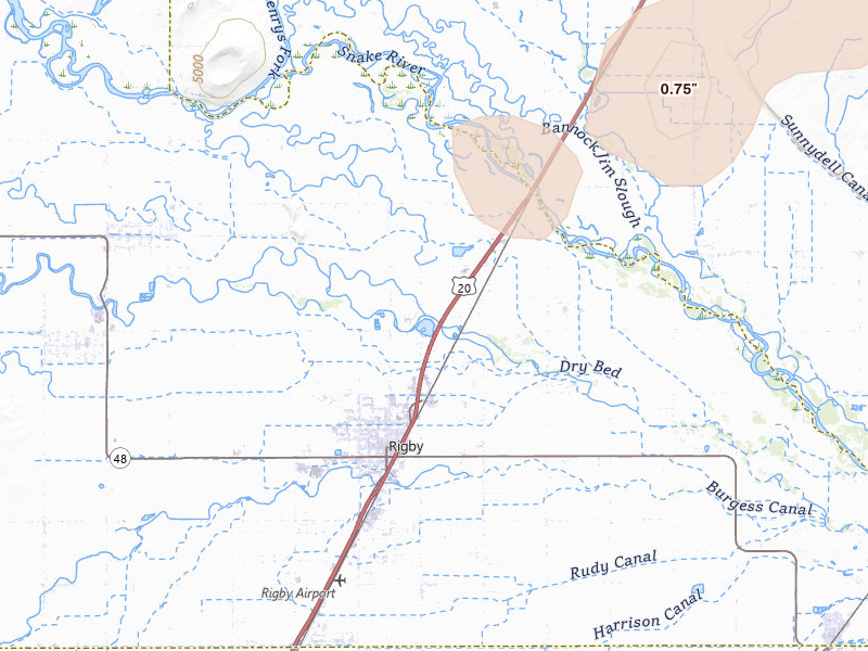 Radar-estimated hail-size map of the storm over Rigby, ID on Aug 27, 2026