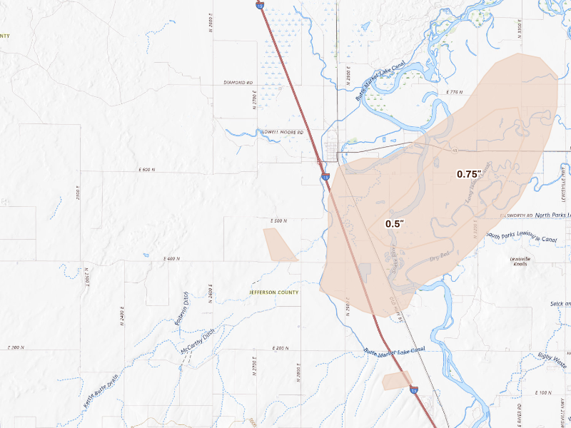 Radar-estimated hail-size map of the storm over Roberts, ID