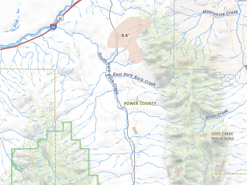 Radar-estimated hail-size map of the storm over Rockland, ID on Jul 24, 2026